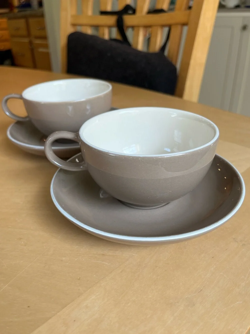 California Winfield Handcrafted Tea Cups and Saucers White Leaf Motif Set of 2